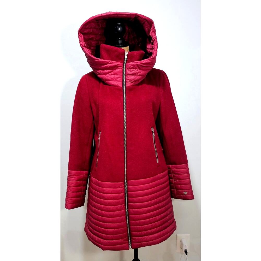 Soia & Kyo Wool Hooded Mixed Media Coat Quilted Burgundy Red Size Large